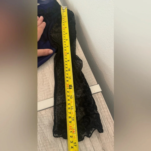 Karen Millen 100% Silk Fit n Flare Dress Deep Blue Black Lace Sleeves Size 8 ASO - Picture 7 of 11